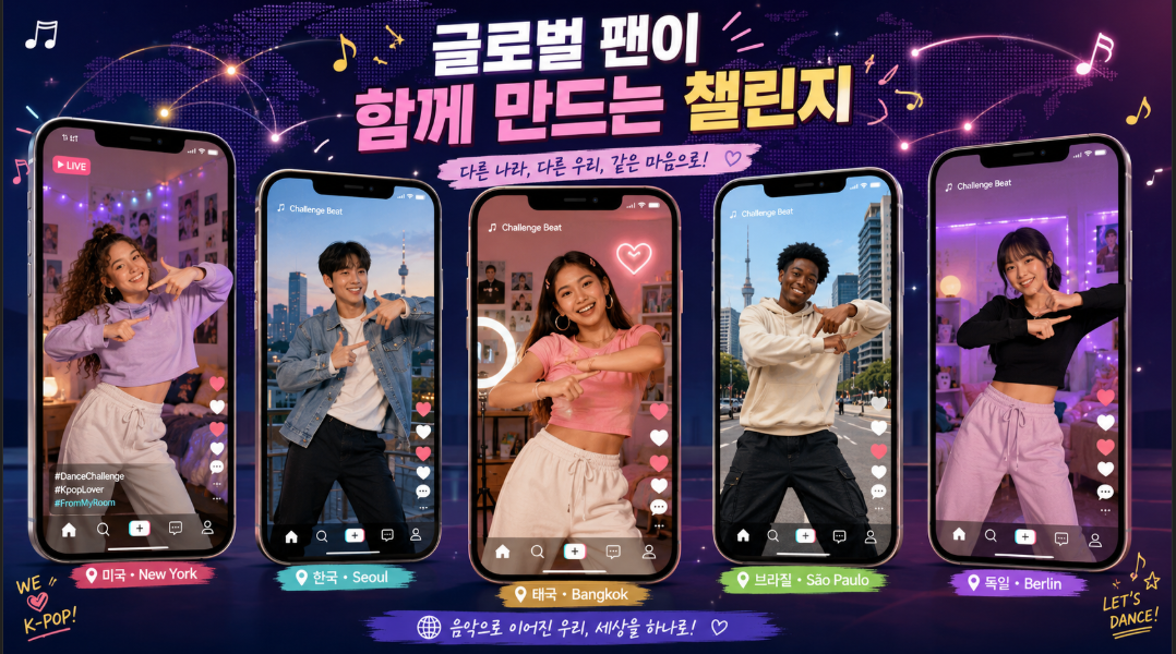 전 세계 K-팝 팬들이 틱톡 댄스 챌린지에 참여하는 모습을 표현한 이미지