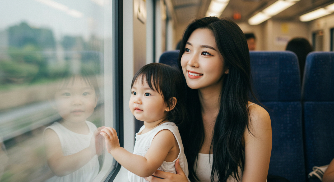 기차를 즐기는 모녀