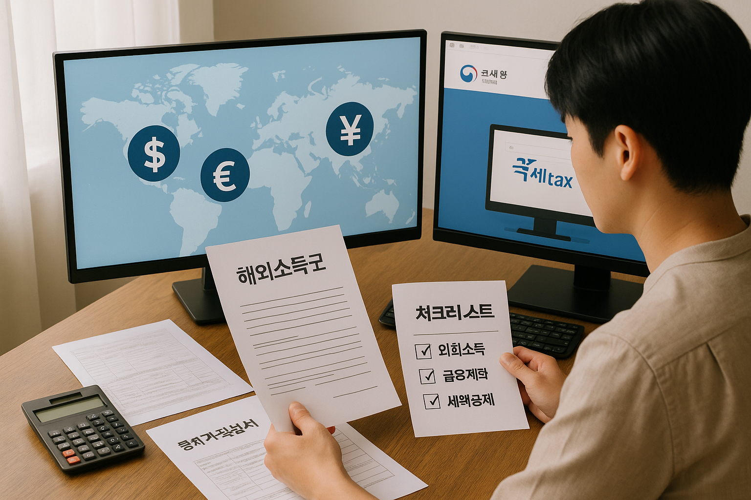 해외소득 신고를 위해 외화수입 서류와 홈택스를 확인 중인 프리랜서 &ndash; 책상 위에 통화 기호 지도와 체크리스트가 함께 놓여 있음