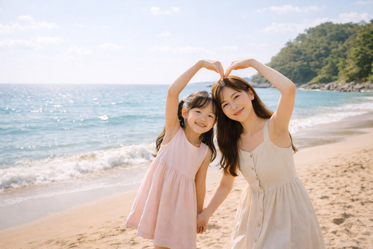 바다를 배경으로 엄마와 6살 여자아이가 손을 들어 하트 모양을 만들고 있는 따뜻한 모습