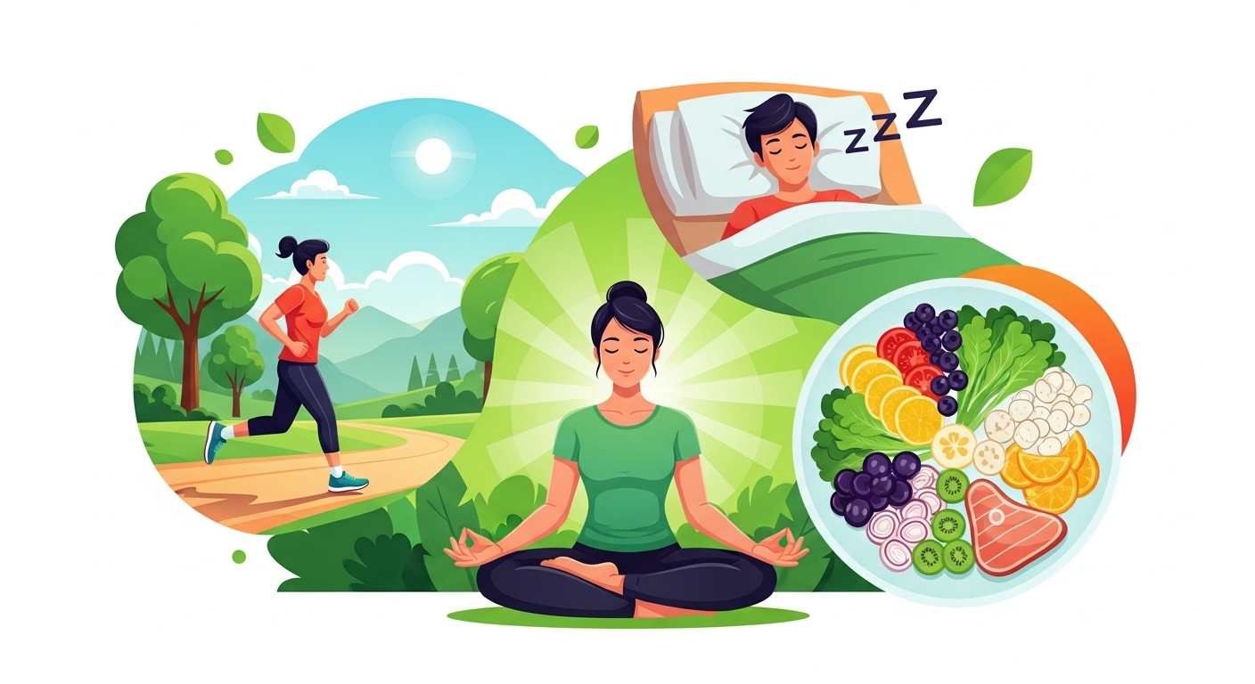 건강한 생활 습관(운동, 명상, 균형 잡힌 식사, 숙면)이 면역력을 강화하는 모습을 보여주는 밝고 조화로운 그림.
