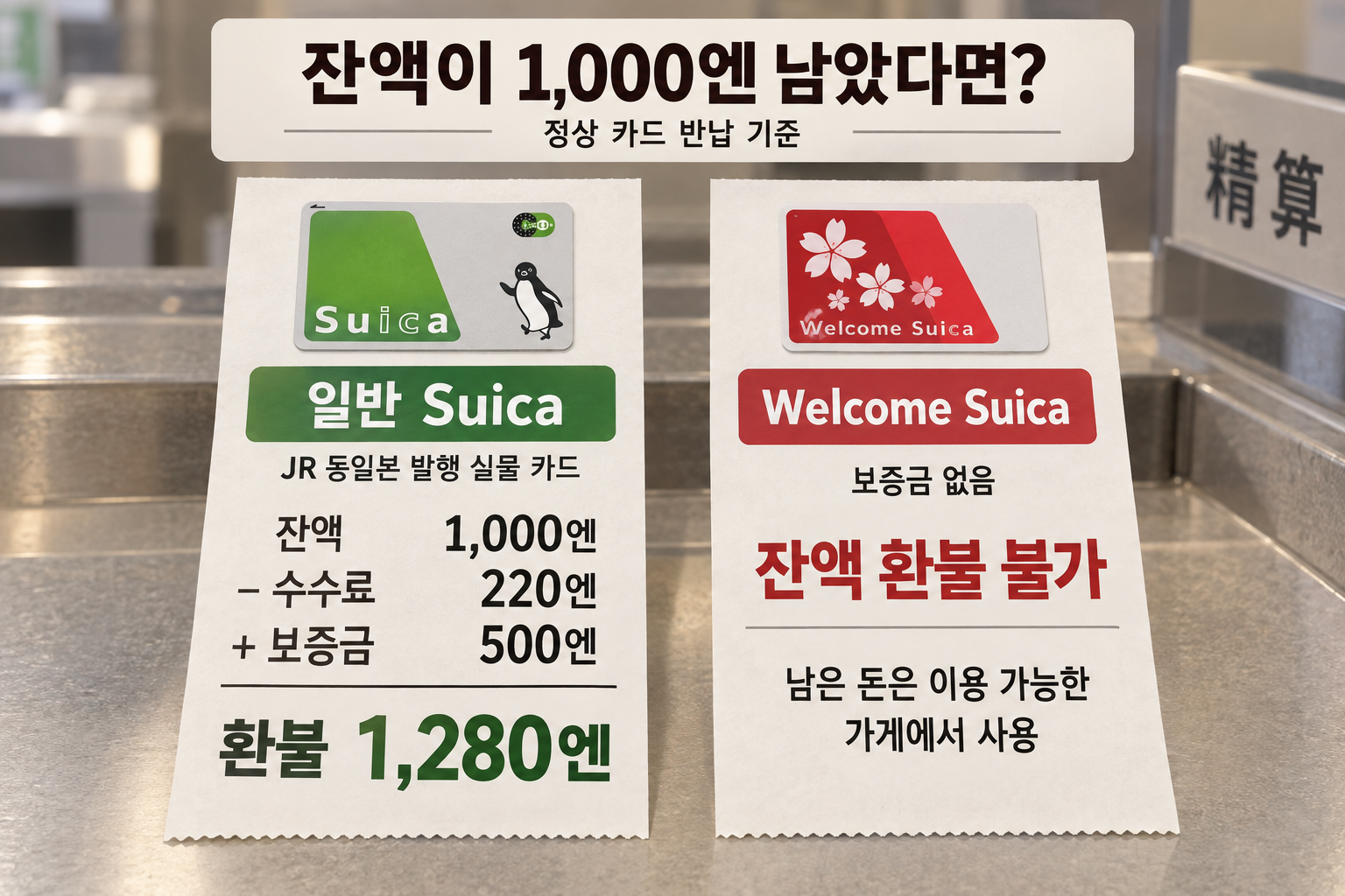 잔액 1,000엔인 일반 Suica 반납 시 1,280엔 환불, 웰컴 스이카는 잔액 환불 불가