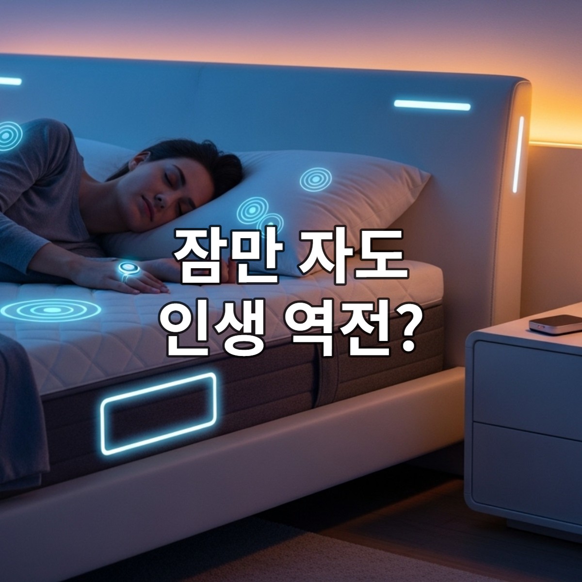 스마트 수면 기술이 적용된 미래형 침실에서 숙면을 취하는 사람의 모습. 스마트 링과 수면 트래커가 보이고, 평온하고 과학적인 수면 환경을 보여줍니다.