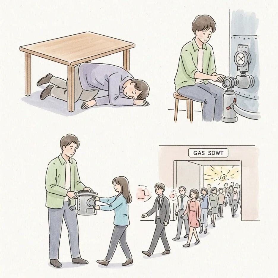 지진 발생 시 행동 요령을 보여주는 그림