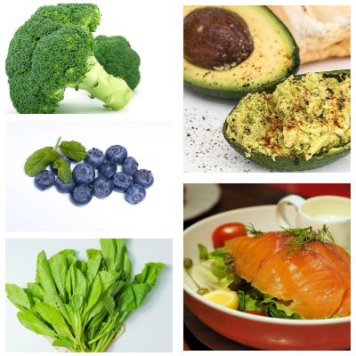슈퍼푸드: 브로콜리, 블루베리, 시금치, 아보카도, 연어(왼쪽부터)