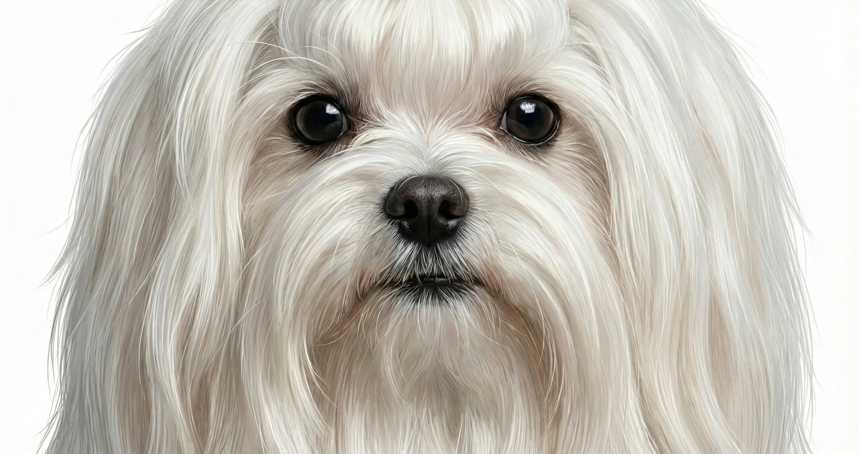 하얀 비단결 털을 가진 우아한 몰티즈의 정면 클로즈업