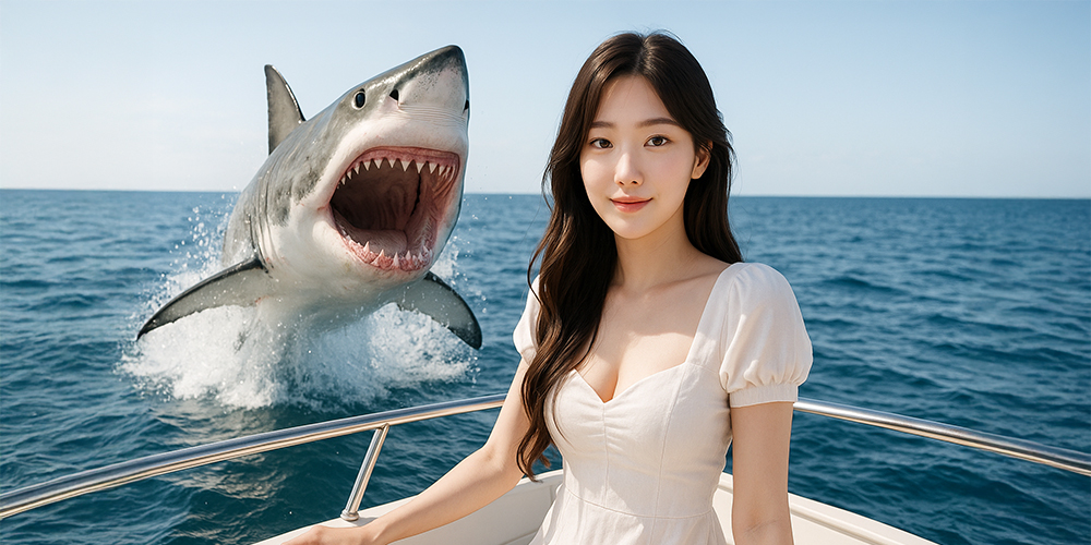 상어가 입을 벌리고 점프하는 장면을 배경으로 사진 찍고 있는 사람