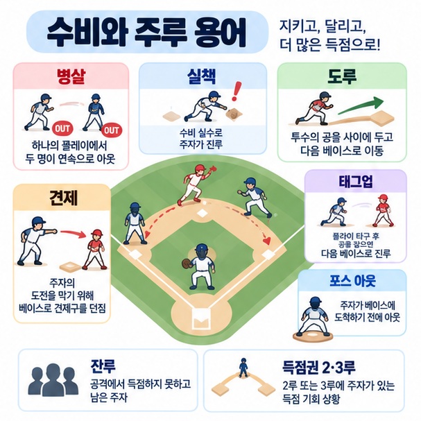 병살, 도루, 견제, 태그업 등 수비와 주루 용어를 설명하는 이미지