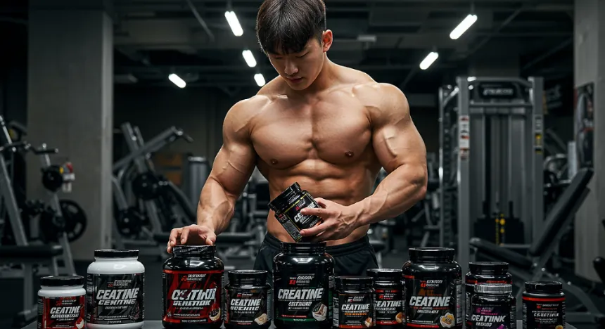 다양한 크레아틴 보충제를 살펴보는 남자 이미지