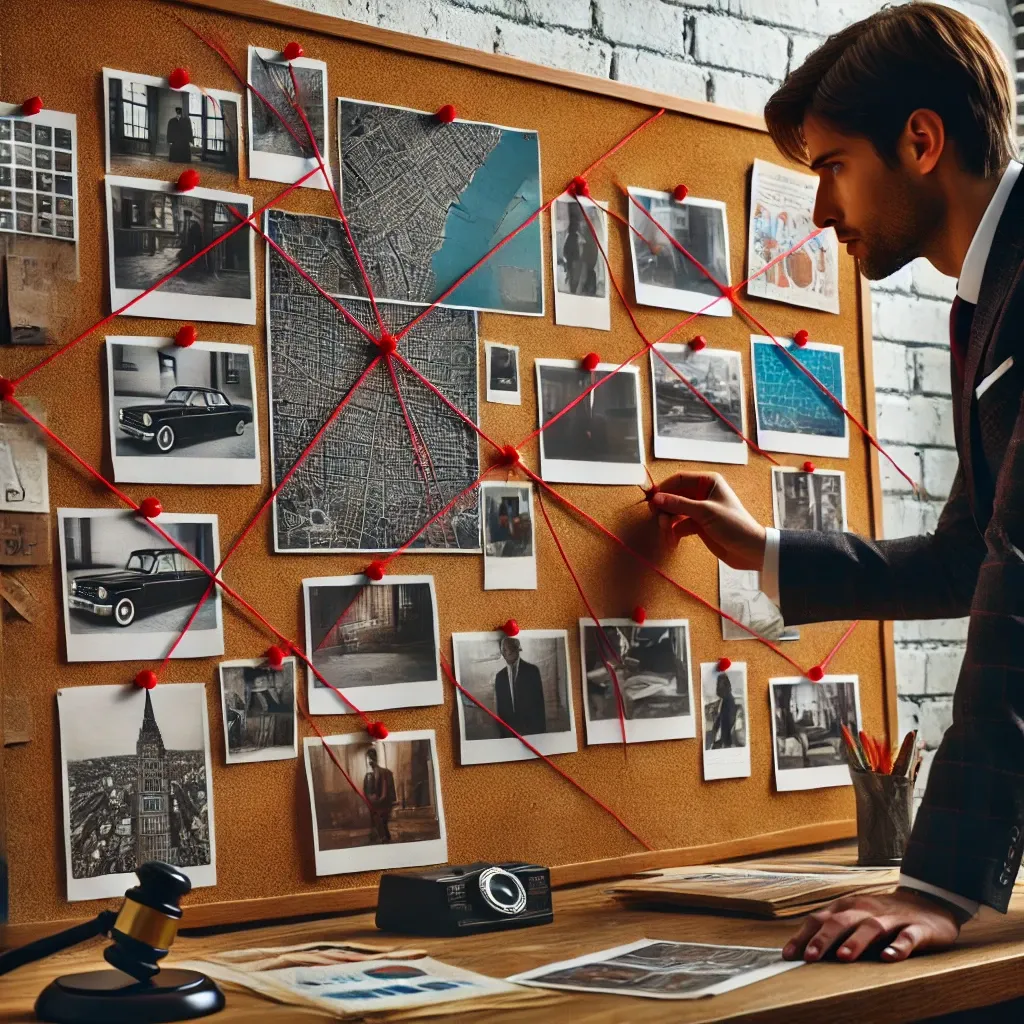 사립탐정이 사무실 코르크보드에 사진, 지도, 메모를 연결하며 증거를 분석하는 모습