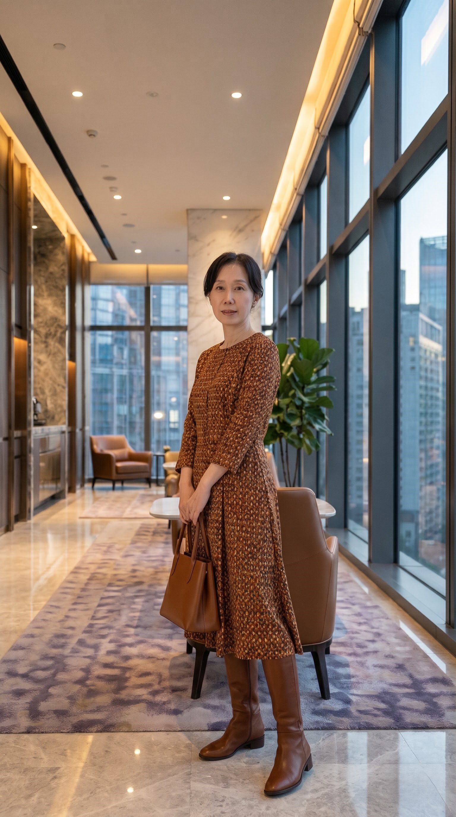 Close-up of a Korean woman's legs wearing brown suede loafers and khaki suede ankle boots arranged on autumn leaves, soft warm tones, natural daylight, fashion editorial photography