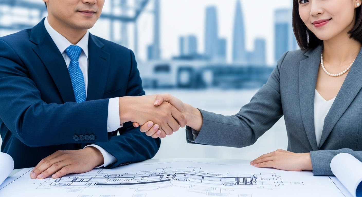 현대차그룹과 카이워그룹의 협력을 상징하는 한국인과 중국인 임원들의 악수 모습. 수소버스 계약의 성공적인 체결을 의미합니다.