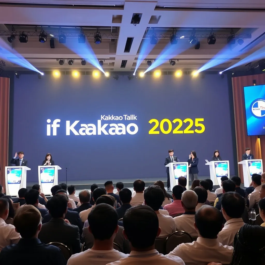 '이프 카카오 2025' 로고가 크게 보이는 무대에서 카카오 관계자들이 새로운 카카오톡 기능에 대해 발표하는 장면을 그려, 이번 업데이트의 중요성과 비전을 강조합니다.