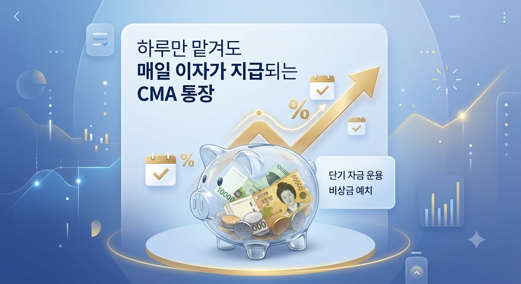 깔끔하고 현대적인 금융 그래픽 배경 위로, 투명한 유리 저금통 내부에 대한민국 원화(KRW) 지폐와 동전들이 차곡차곡 쌓여 있는 모습. 저금통 뒤로는 매일 이자가 불어나는 것을 상징하는 완만한 우상향 곡선의 황금빛 화살표와 캘린더 아이콘이 배치되어 있어, 하루만 맡겨도 매일 이자가 지급되는 CMA 통장의 단기 자금 운용 및 비상금 예치 개념을 직관적으로 시각화한 이미지