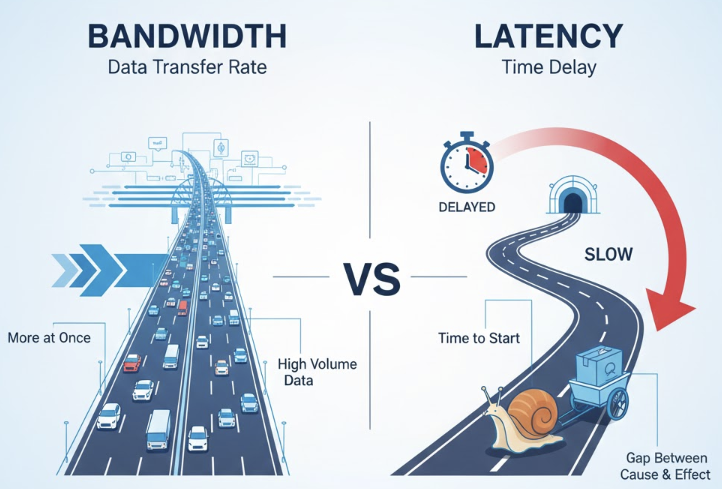 대역폭(Bandwidth)과 지연 시간(Latency)의 차이를 시각적으로 비교하는 개념 다이어그램으로 대역폭은 파이프의 크기에 비유되어 한 번에 많은 양의 데이터가 전송되는 것을 보여주고, 지연 시간은 파이프를 통과하는 물방울 하나의 이동 시간으로 비유되어 데이터가 목적지에 도달하는 데 걸리는 시간을 보여줍니다