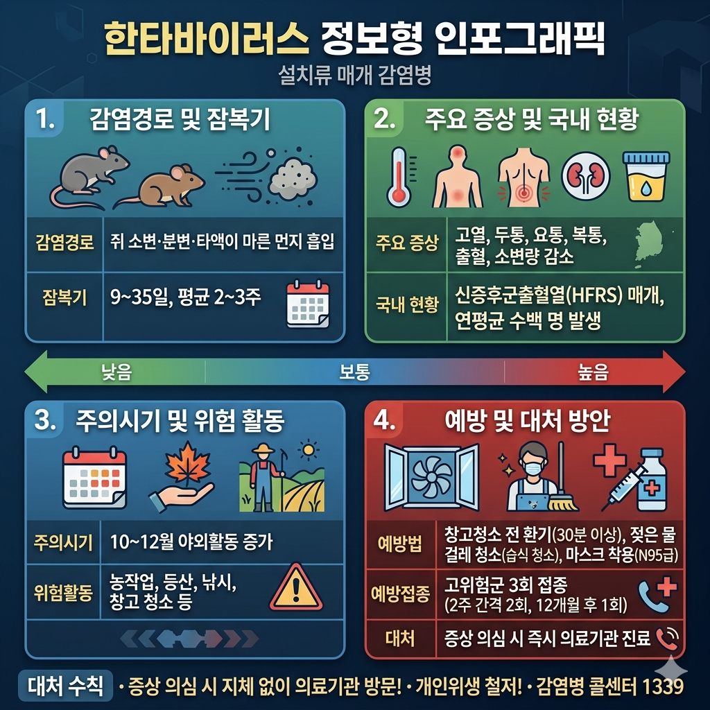 한타바이러스 증상&middot;감염경로&middot;예방법｜신증후군출혈열과 설치류 감염 주의 인포그래픽