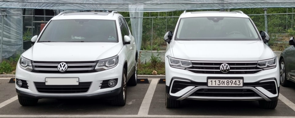 왼쪽은 한 세대 전 티구안, 오른쪽은 티구안 올스페이스입니다.