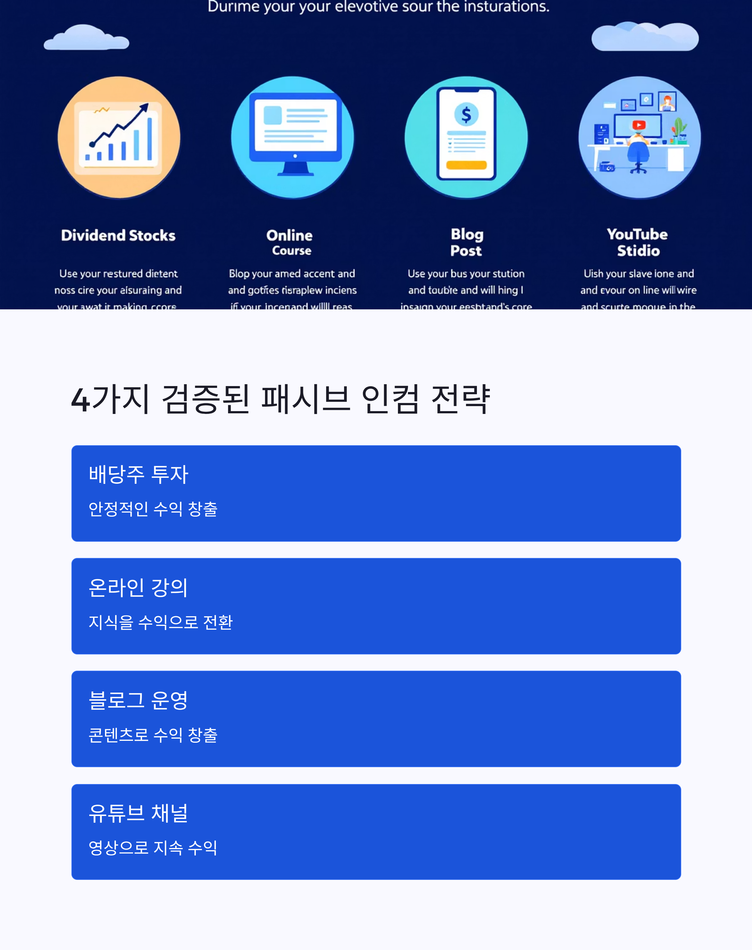 2025년 주목해야 할 4가지 패시브 인컴 유형(자본 투자, 시스템 구축, 지식 판매, 플랫폼 활용) 비교 인포그래픽