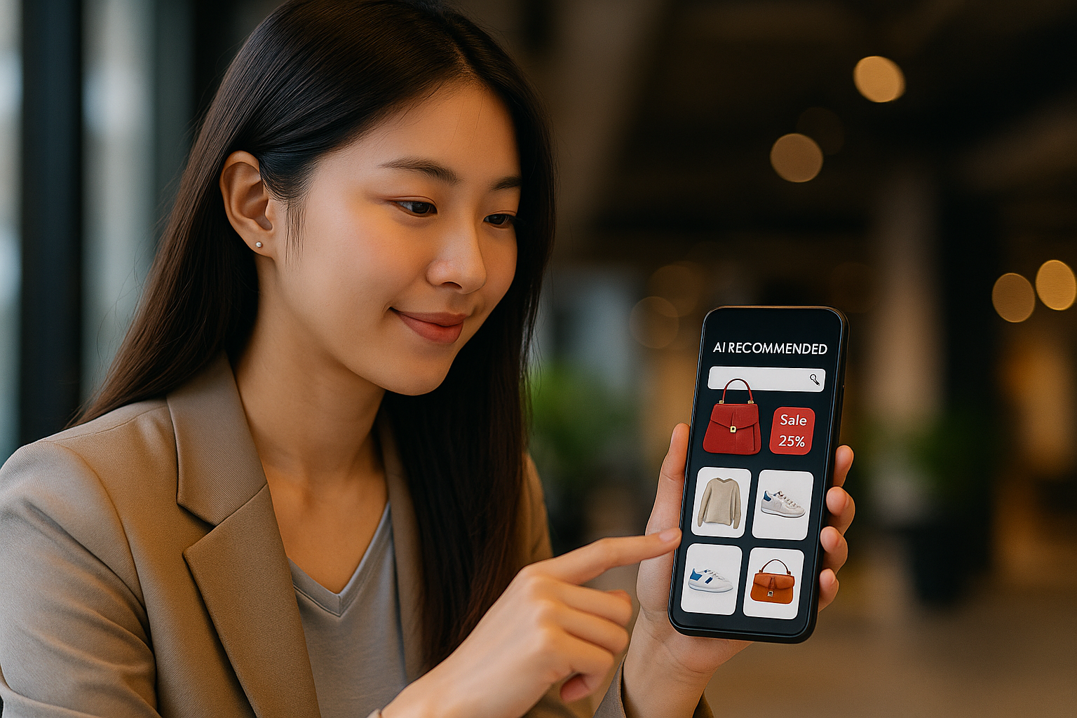 AI 개인화 추천 화면을 보며 쇼핑하는 20대 직장인의 모습