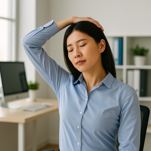 뒷목 뻣뻣함과 두통으로 불편해하는 모습(출처: 자체제작)