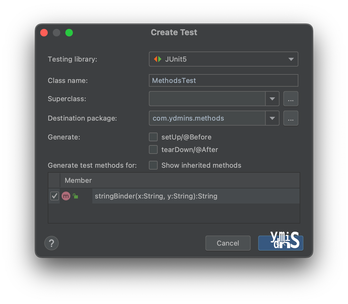 테스트 클래스 생성 전 세팅하는 창 모습이다.