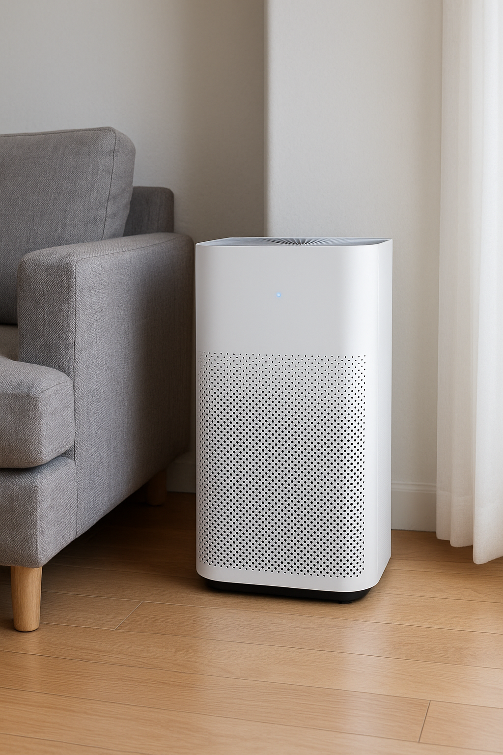 거실 소파 옆에 배치된 공기청정기, 생활 동선·호흡선 근처 위치