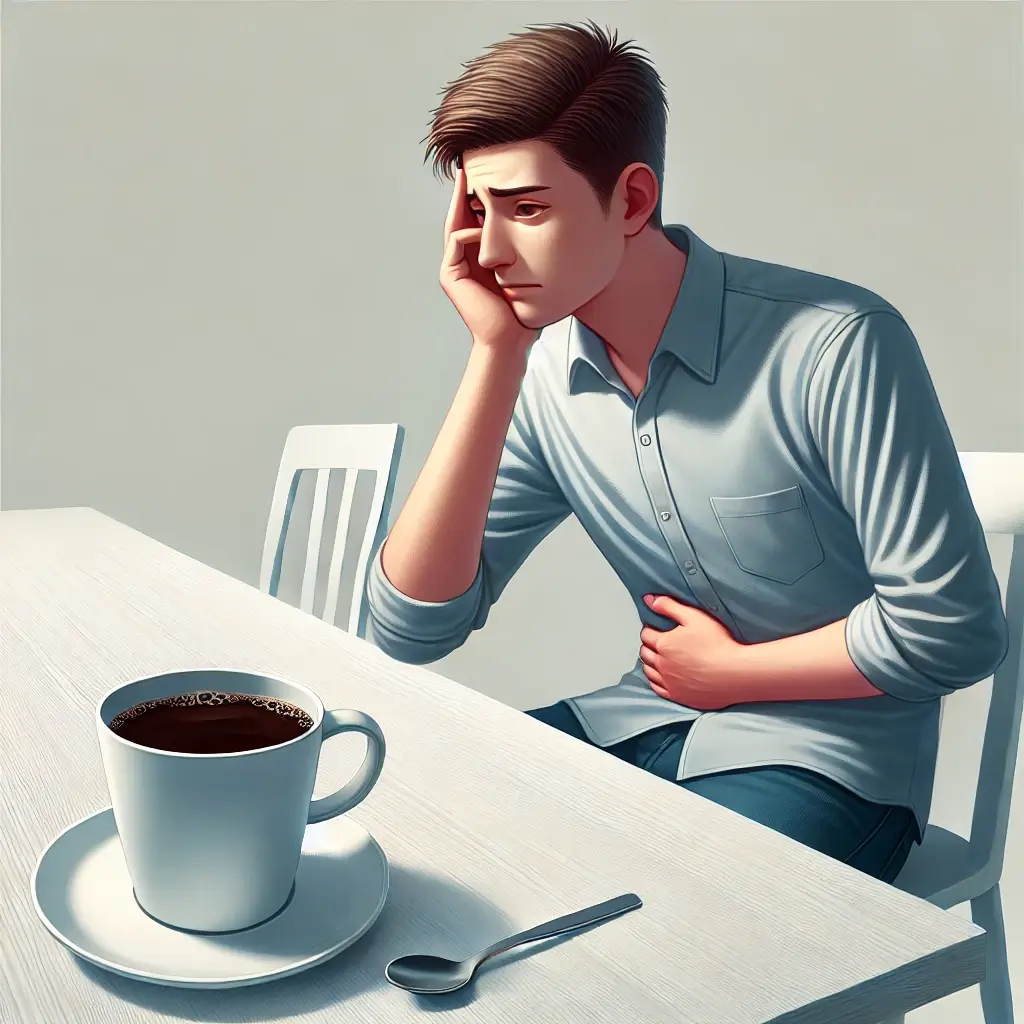 커피가 앞에 있고 한 남성이 배를 만지고 있고 인상을 찌푸리고 있다.
