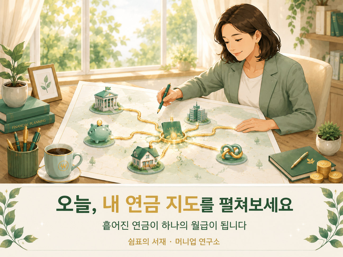 노후 연금 지도를 펼쳐 국민연금 퇴직연금 IRP 주택연금을 점검하는 중년 여성