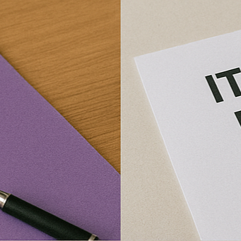 보라색 표지의 ITIL PDF, PDF 아이콘이 있는 ITIL V4 문서, 설명이 추가된 ITIL 문서화 양식