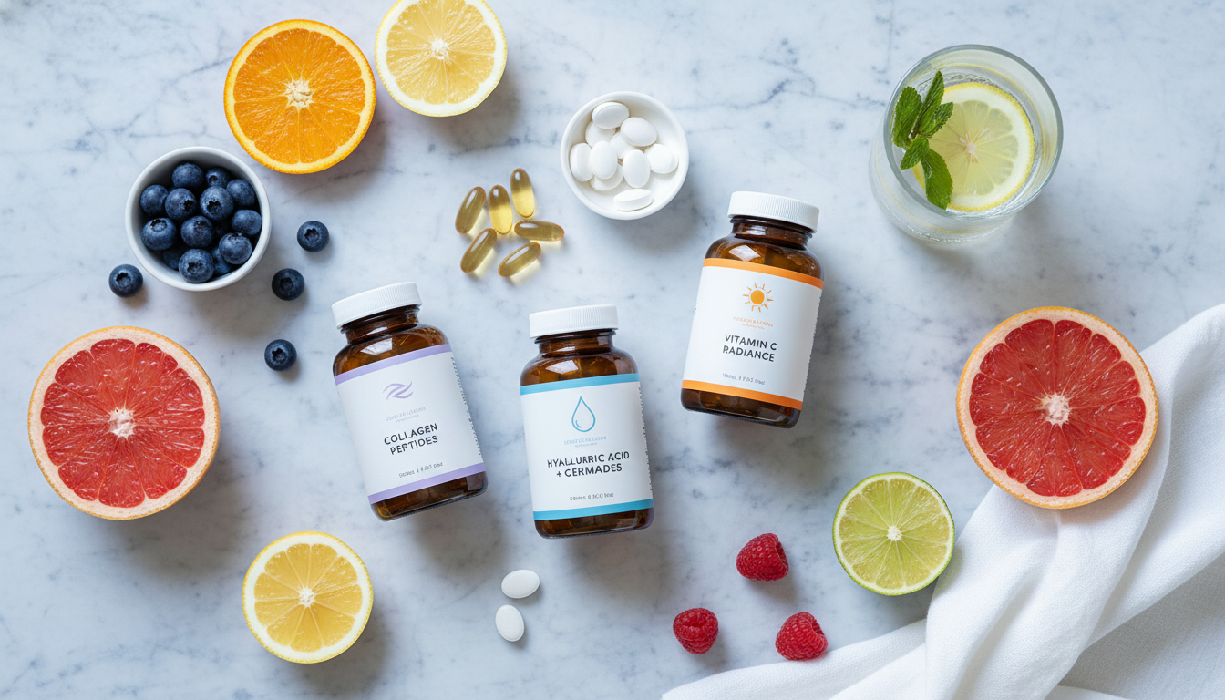 다양한 이너뷰티 영양제 제품과 신선한 과일, 물이 놓인 건강한 라이프스타일 이미지