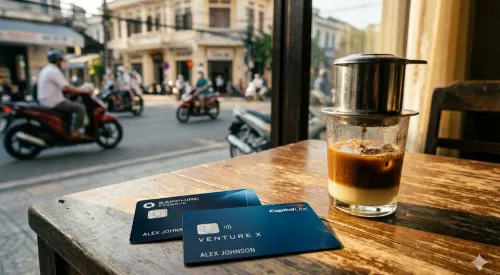 베트남 다낭 카페 테이블 위 여행용 카드 트래블로그 트래블월렛과 베트남 커피