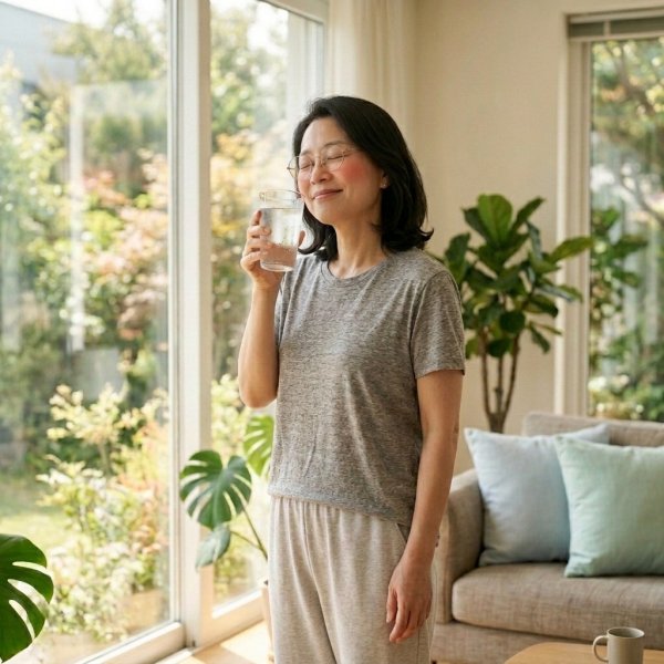 햇살이 들어오는 거실에서 얼음 가득한 유리잔을 뺨에 대고 시원하게 열을 식히며 미소 짓는 중년 여성의 모습