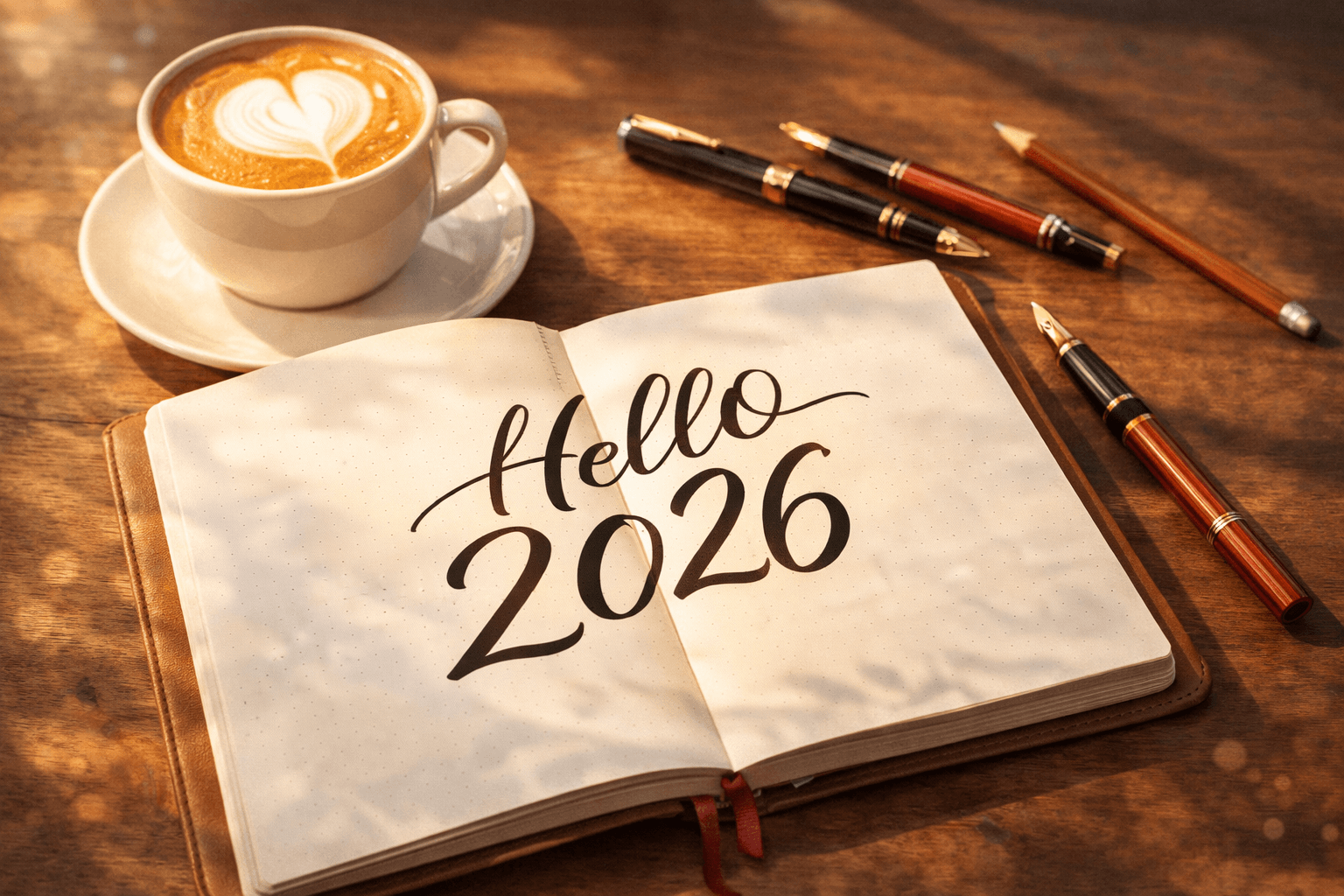 2026년 새해 목표를 세우기 위한 다이어리와 커피가 있는 감성적인 책상
