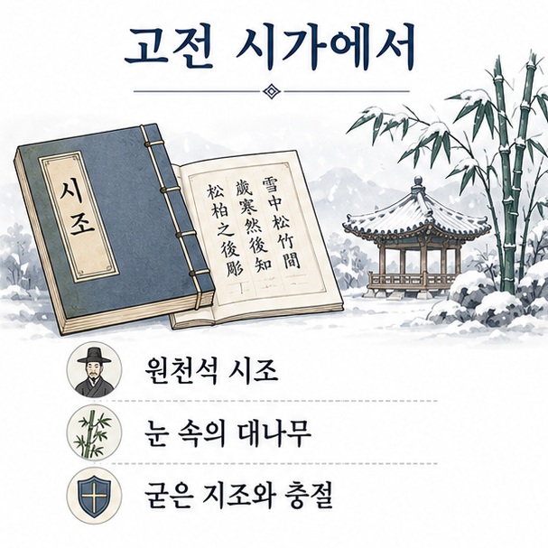 원천석의 고전 시조와 눈 속 대나무를 함께 배치해 세한고절이 굳은 지조와 충절을 상징하는 표현임을 설명한 이미지