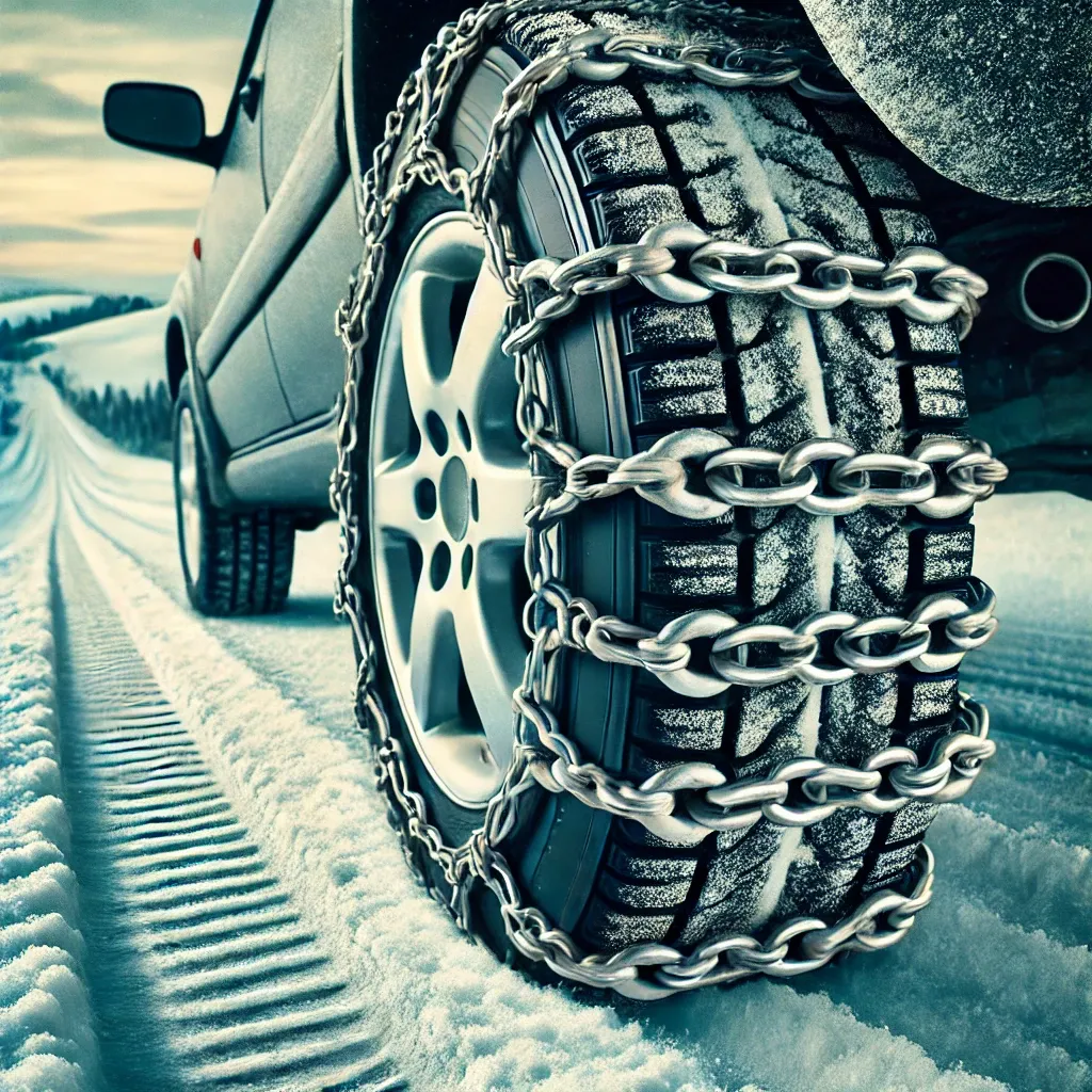 타이어에 설치된 스노우 체인의 클로즈업 이미지
