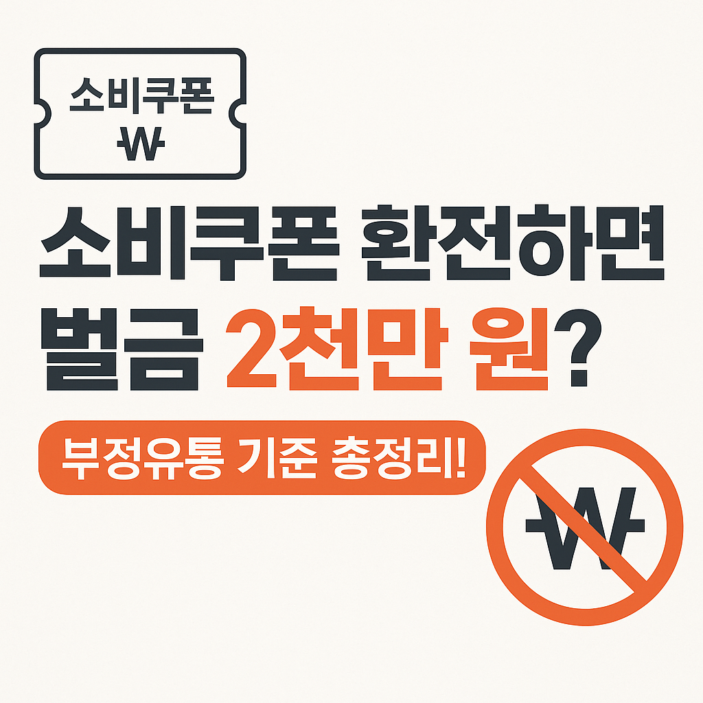 소비쿠폰 환전 시 벌금 경고와 부정유통 기준 안내를 담은 경고 이미지