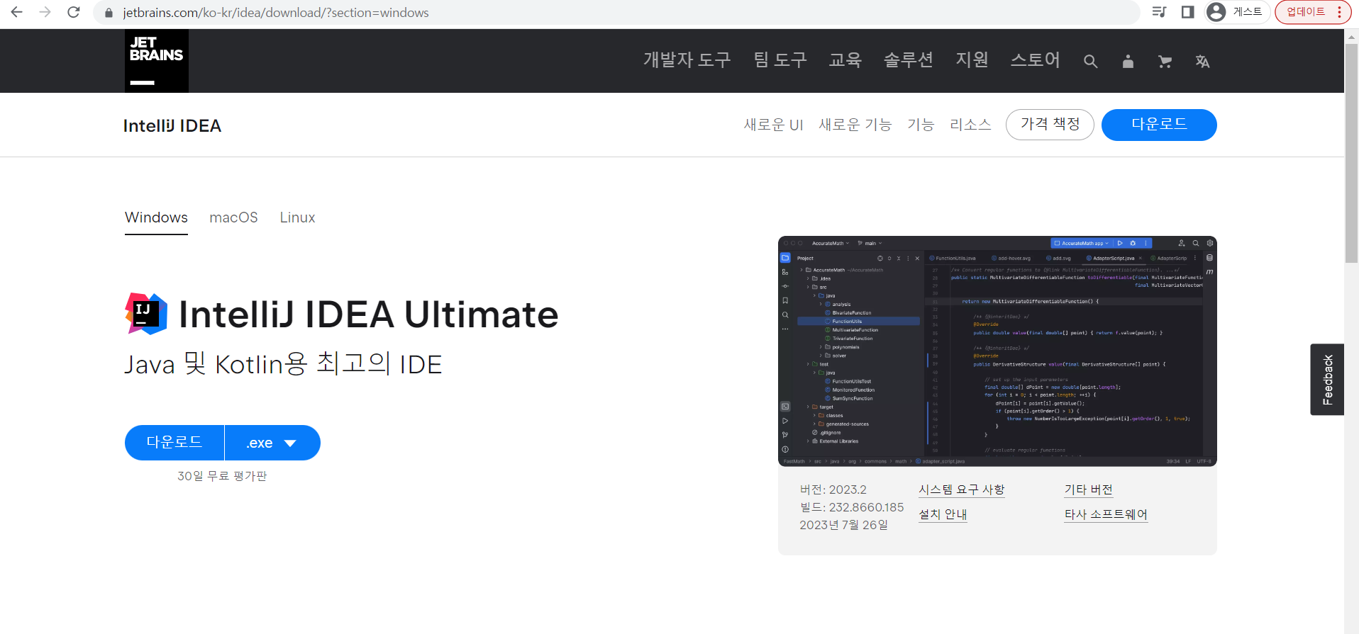 IntelliJ 다운로드 페이지