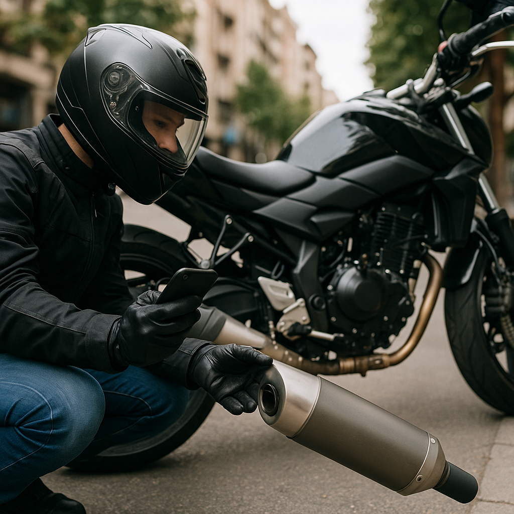 배기 머플러 점검하는 라이더