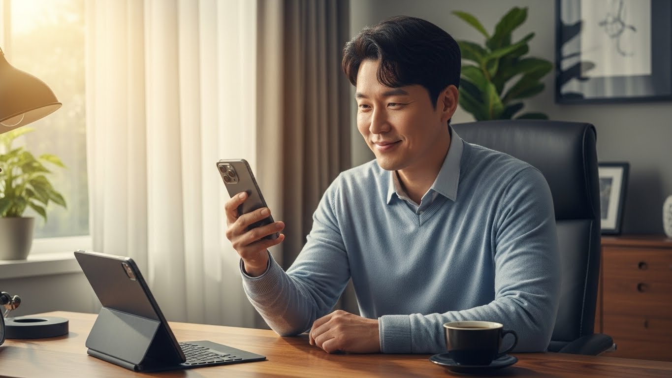 스마트폰으로 파킹통장 이자가 들어온 것을 확인하며 기뻐하는 남성의 모습