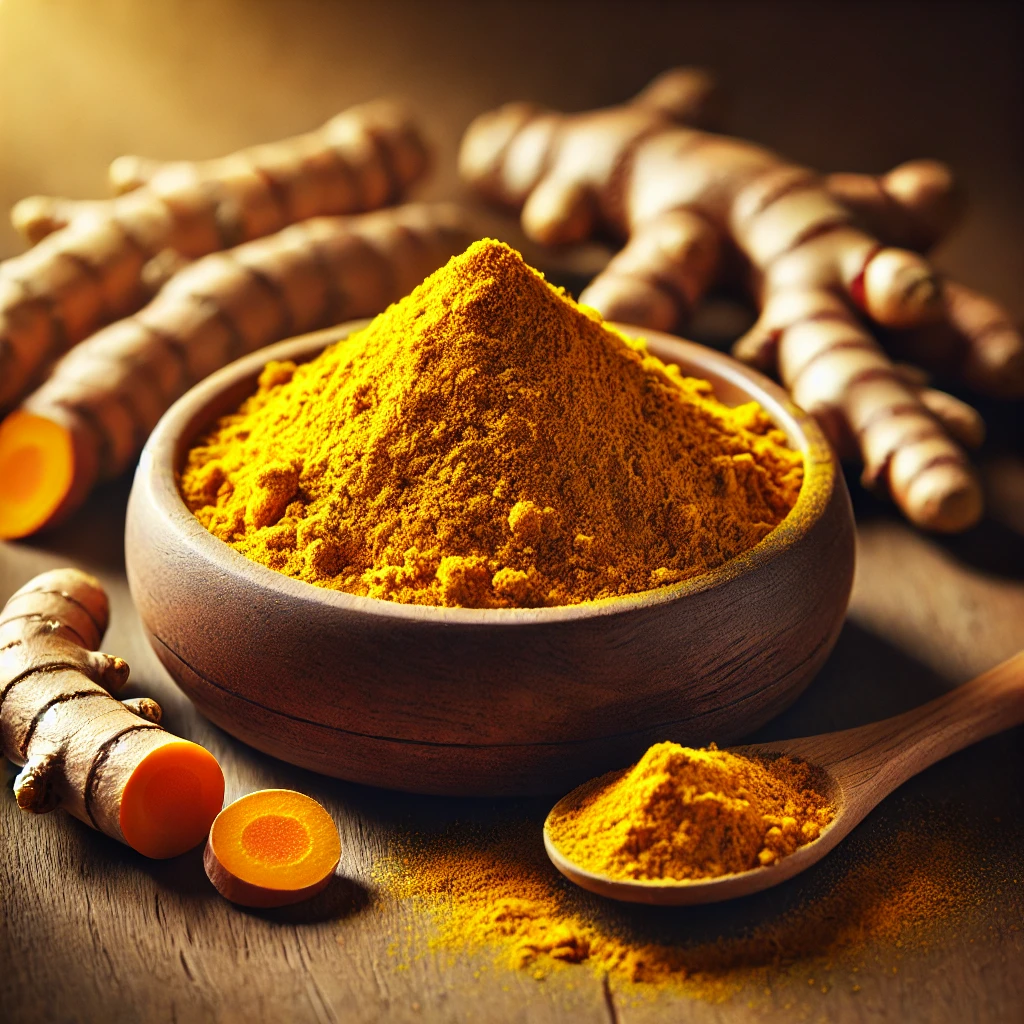 강황가루를 나무 그릇에 담고 신선한 강황 뿌리와 함께 따뜻한 분위기로 연출