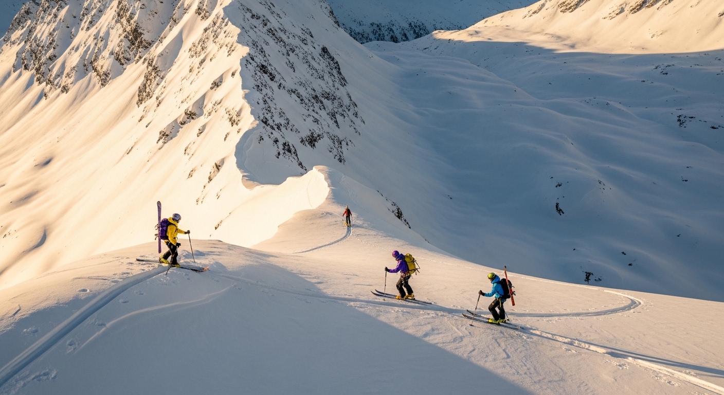 광활한 설산에서 스키모 선수들이 등반하고 활강하는 모습