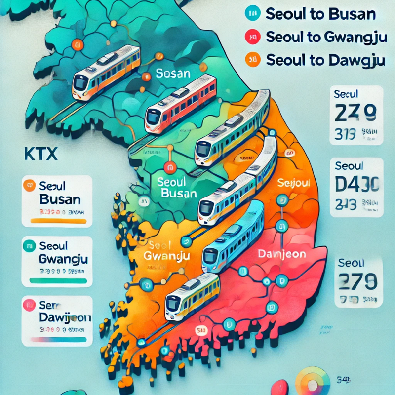 서울-부산&amp;#44; 서울-광주&amp;#44; 서울-대전 등 KTX 주요 노선을 지도 형식으로 나타낸 그래픽. 노선과 요금 정보가 강조된 디자인