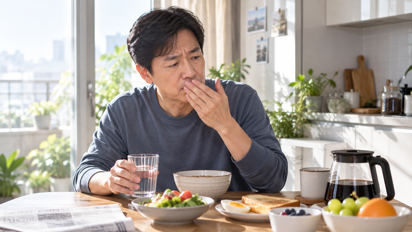 아침 식사 중 입안의 쓴맛과 미각 변화를 확인하는 중년 남성