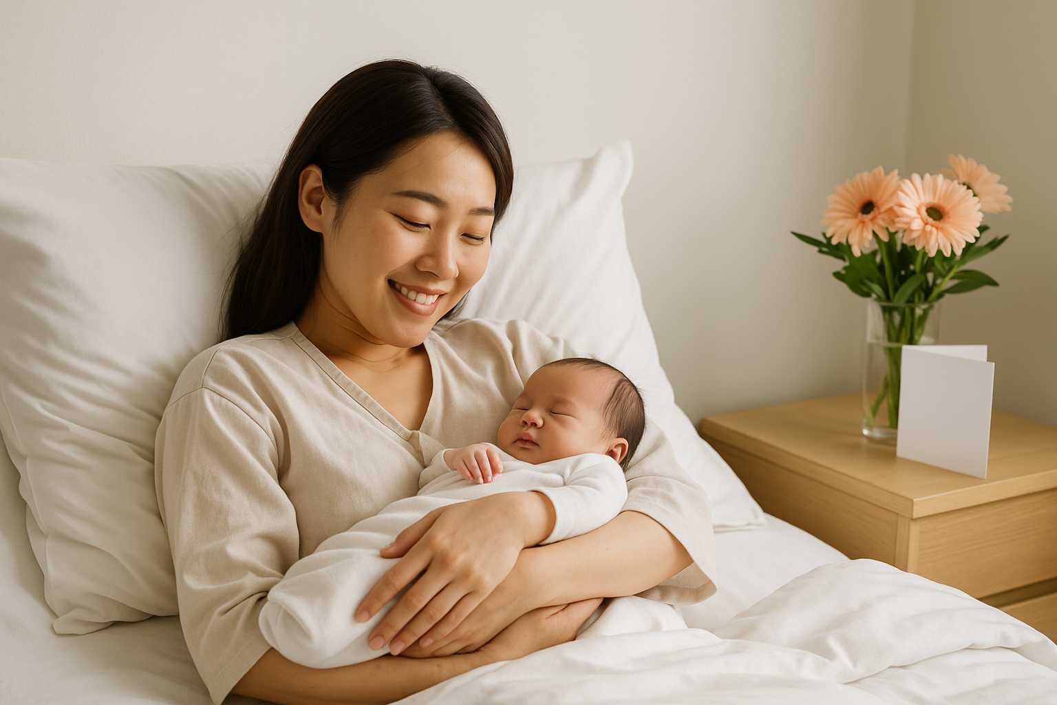 산후조리원 침대에서 아기를 품에 안고 미소 짓는 20대 한국 여성. 출산 직후 따뜻한 축하 분위기
