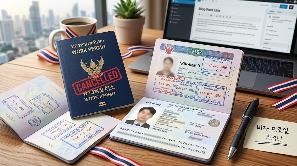 책상 위에 놓인 태국 파란색 워크퍼밋 수첩과 여권 비자면. 워크퍼밋에는 빨간색으로 'CANCELLED' 및 '워크퍼밋 취소' 도장이 찍혀 있으며, 펼쳐진 여권 비자면 옆에는 '비자 만료일 확인!'이라고 적힌 노란색 메모지와 펜, 노트북이 함께 놓여 있는 풍경.