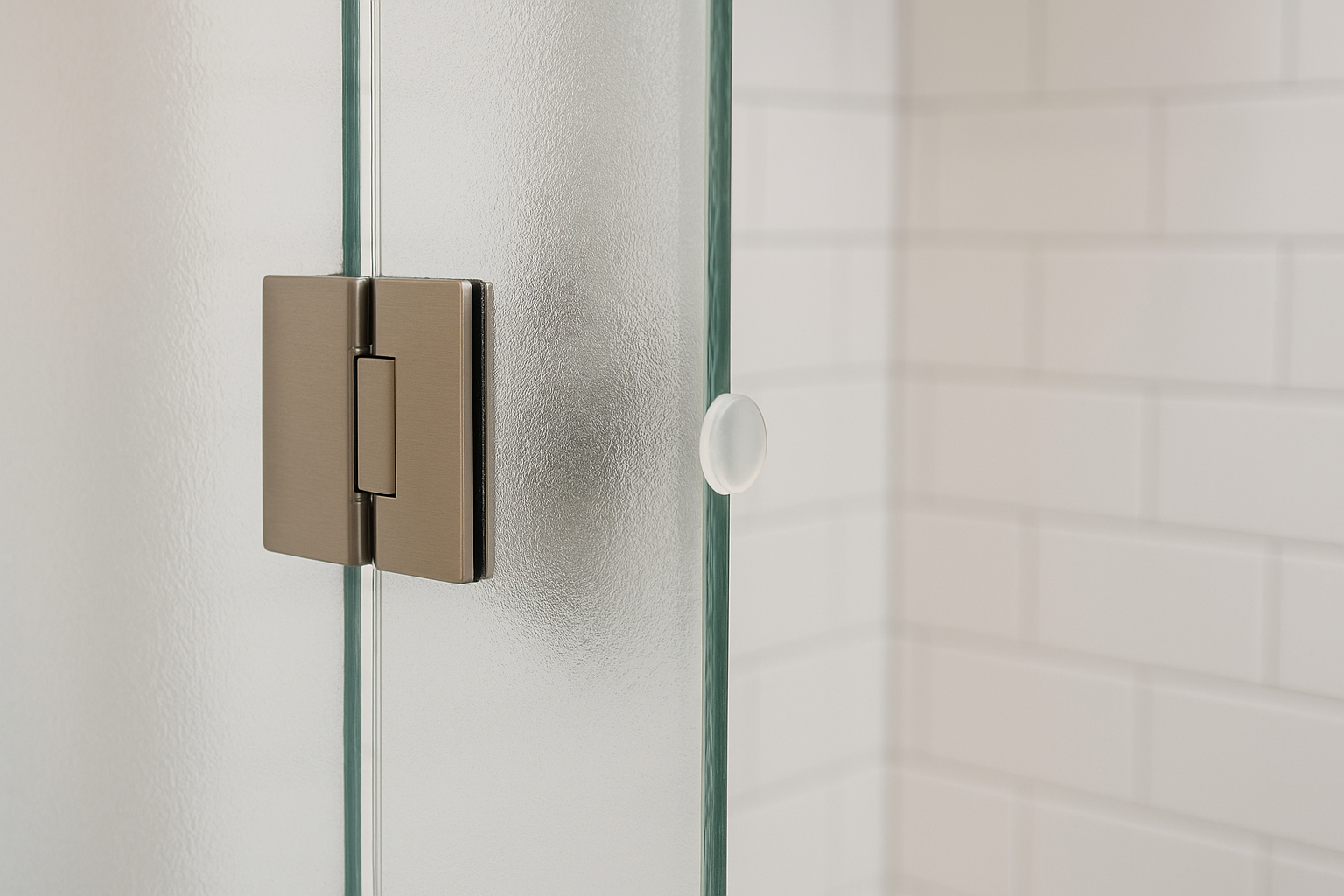 샤워부스 강화유리 경첩과 완충 패드 근접 사진