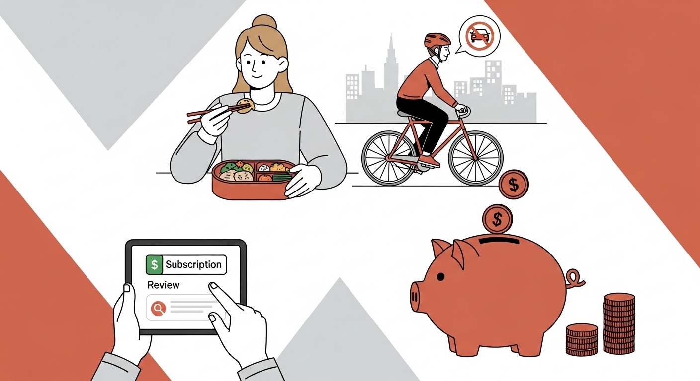 도시 배경에서 자전거를 타거나 도시락을 싸는 등 현명한 소비와 절약 습관을 실천하는 다양한 사람들의 모습.