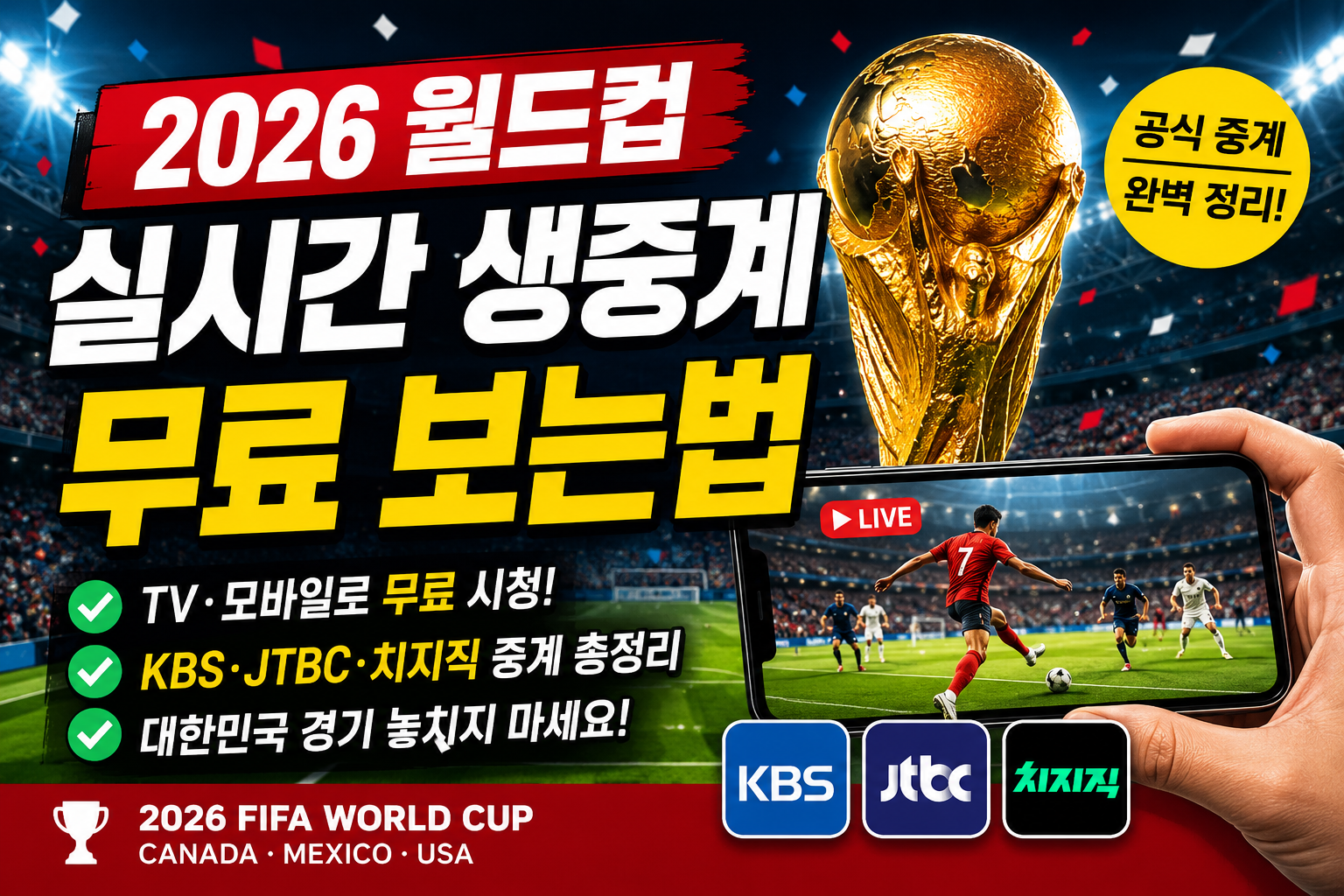 2026 월드컵 실시간 생중계를 TV와 모바일로 무료 시청하는 방법을 안내하는 축구 경기장 배경의 정보형 썸네일 이미지
