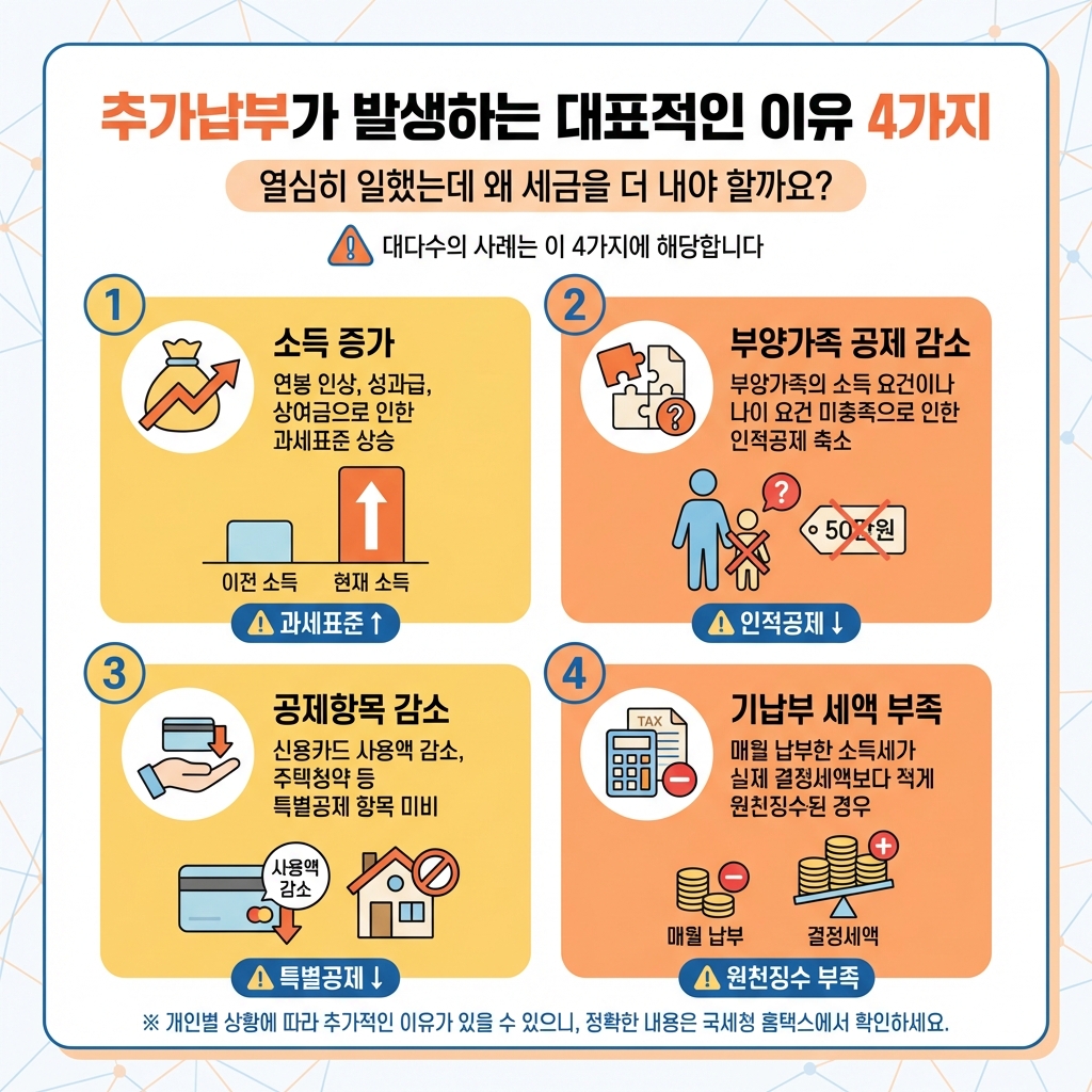 연말정산_추가납부_발생원인_4가지_소득증가_공제누락_이직_부양가족_요약인포그래픽