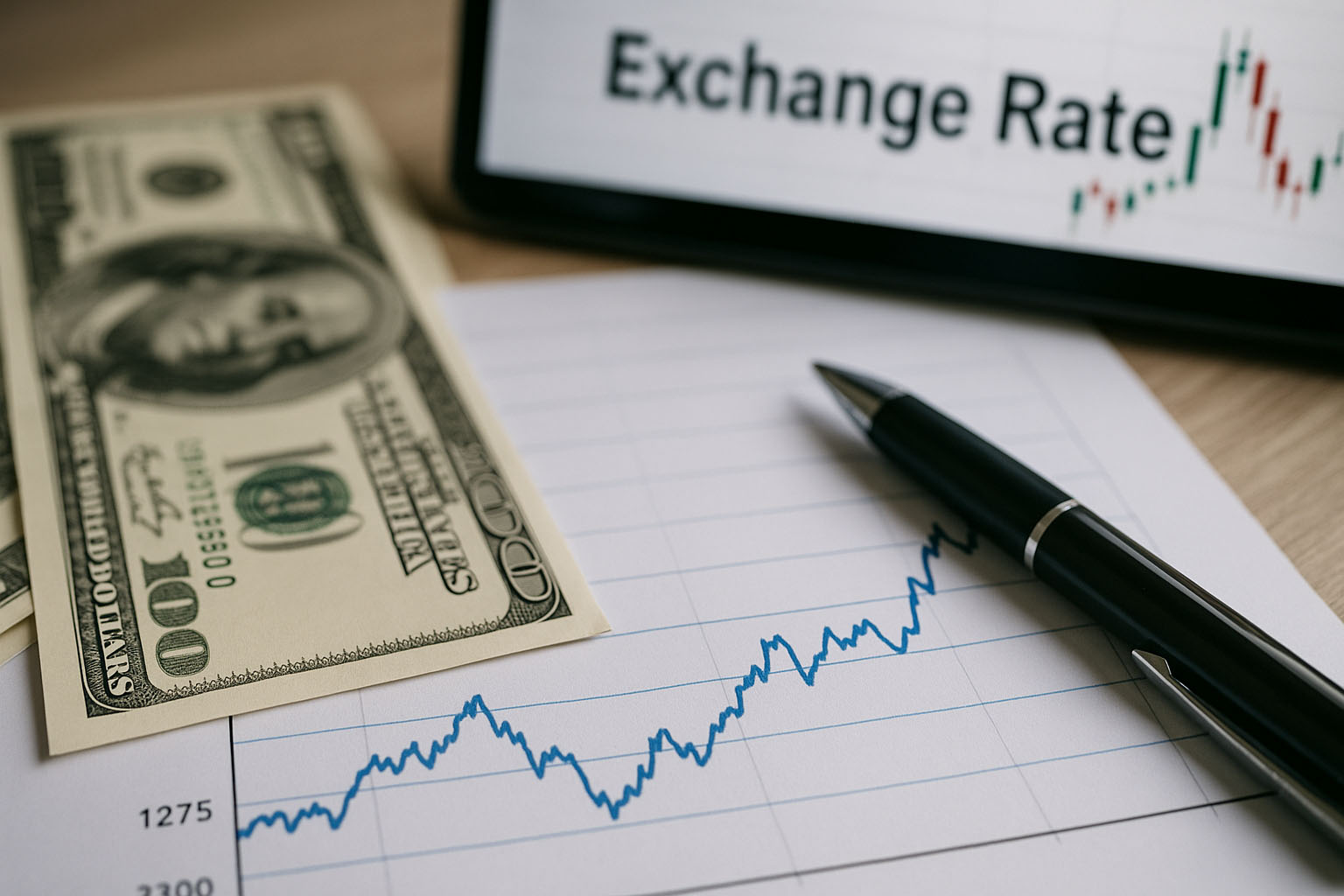 달러 지폐와 환율 그래프, 유학 비용과 환전 수수료에 영향을 주는 환율 변화 이미지